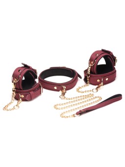 Master Series - 6-Piece BDSM Suede Cuff Set With Collar And Strap - Burgand