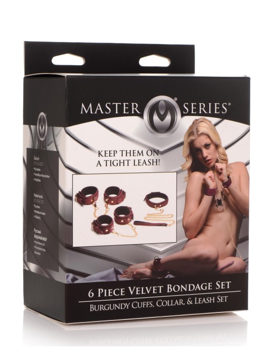 Master Series - 6-delige BDSM Suede Boeienset Met Collar En Riem - Bordeaux