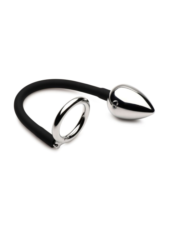 Master Series - Tug + Plug Cock & Ball Ring met Anaalplug - Zwart&Zilver