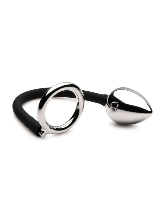 Master Series - Tug + Plug Cock & Ball Ring met Anaalplug - Zwart&Zilver