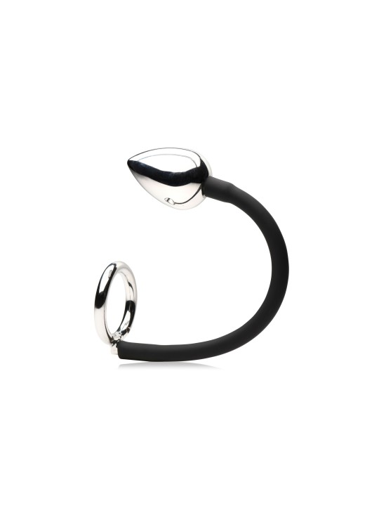 Master Series - Tug + Plug Cock & Ball Ring met Anaalplug - Zwart&Zilver