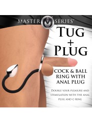 Master Series - Tug + Plug Cock & Ball Ring met Anaalplug - Zwart&Zilver