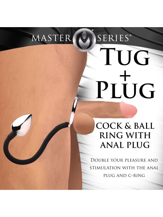 Master Series - Tug + Plug Cock & Ball Ring met Anaalplug - Zwart&Zilver