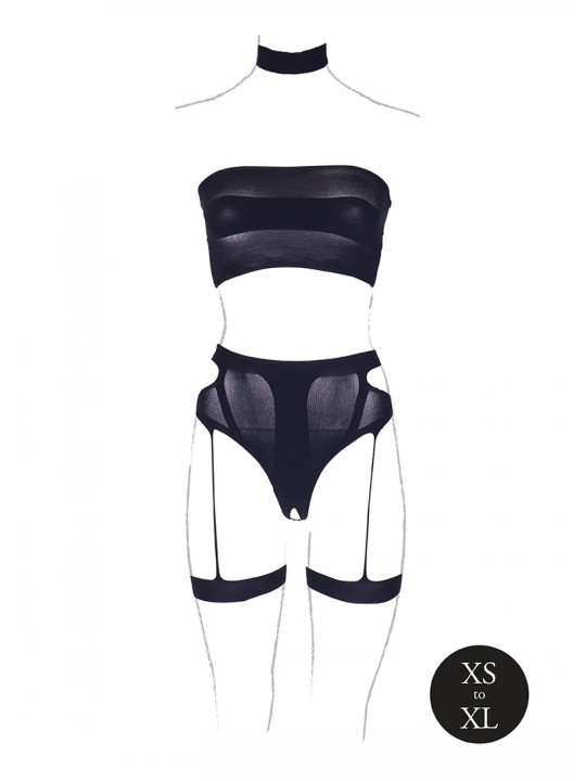 Driedelige Set Met Jarretels - Zwart