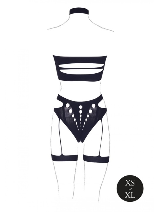 Driedelige Set Met Jarretels - Zwart