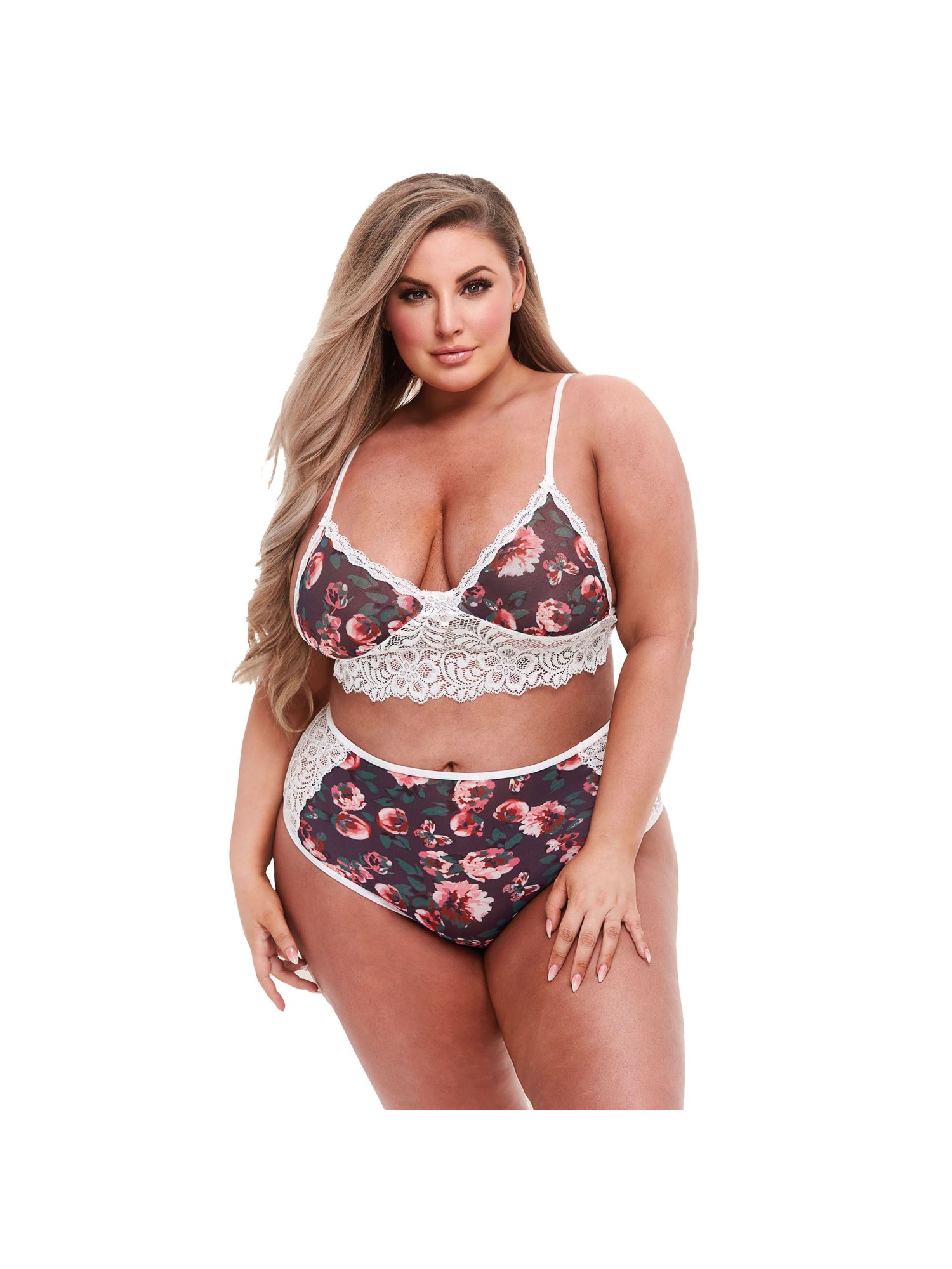Baci – Grijs Bloemenprint & Kant BH-Set – White Label – Queen Size