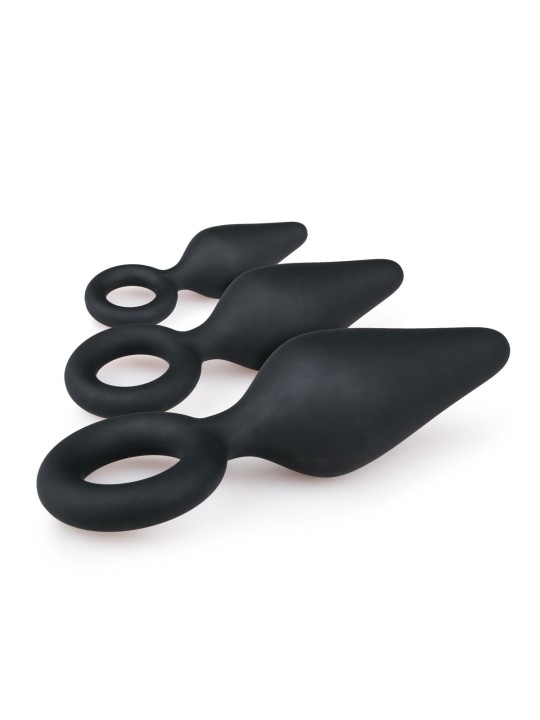 Black Buttplugs With Pull Ring - Set