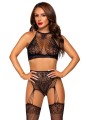 Leg Avenue - Halterneck Lace Bodysuit with Attached Garters - Black