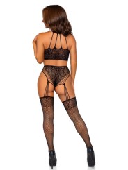 Leg Avenue - Halterneck Lace Bodysuit with Attached Garters - Black