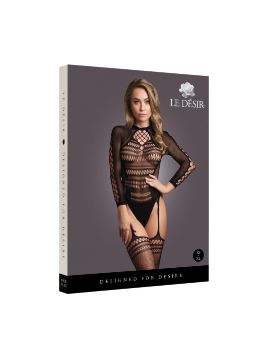 Le Désir - Bodystocking met Lange Mouwen en Korte Col - Zwart