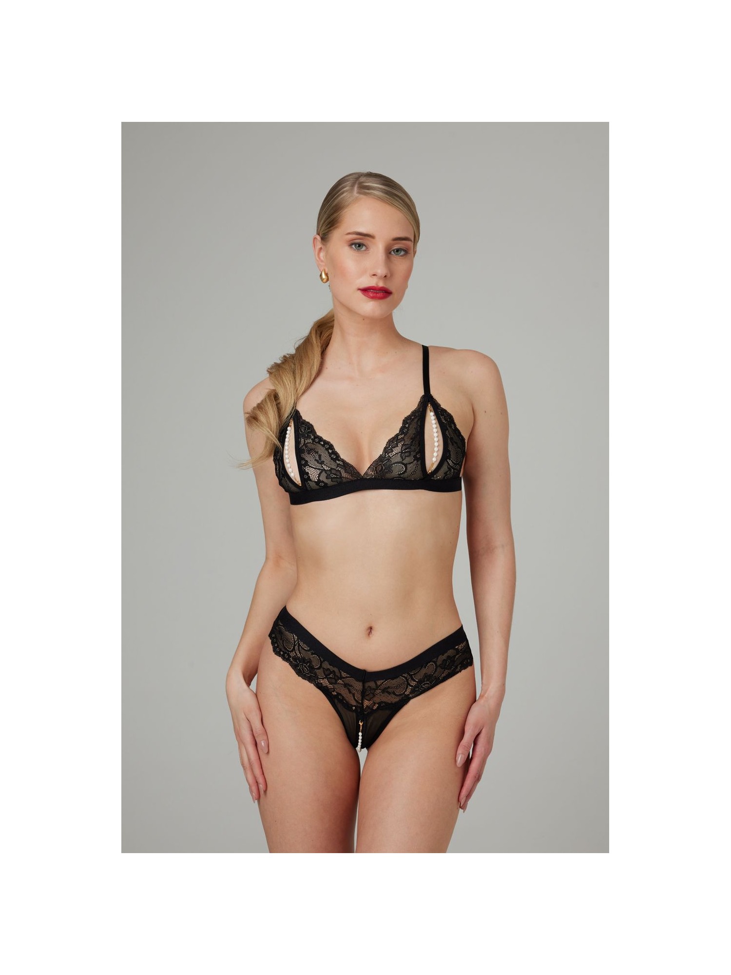 Christine - Open Bh-setje met Parels en kant - Zwart