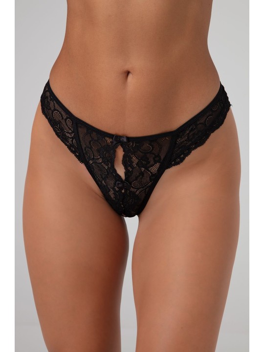 Christine - Kanten String Met Open Kruisje Marzia - Zwart