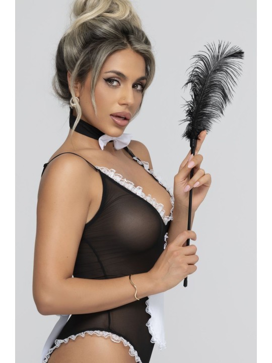 Christine - Maid Open Kruis Kostuum - Zwart/Wit