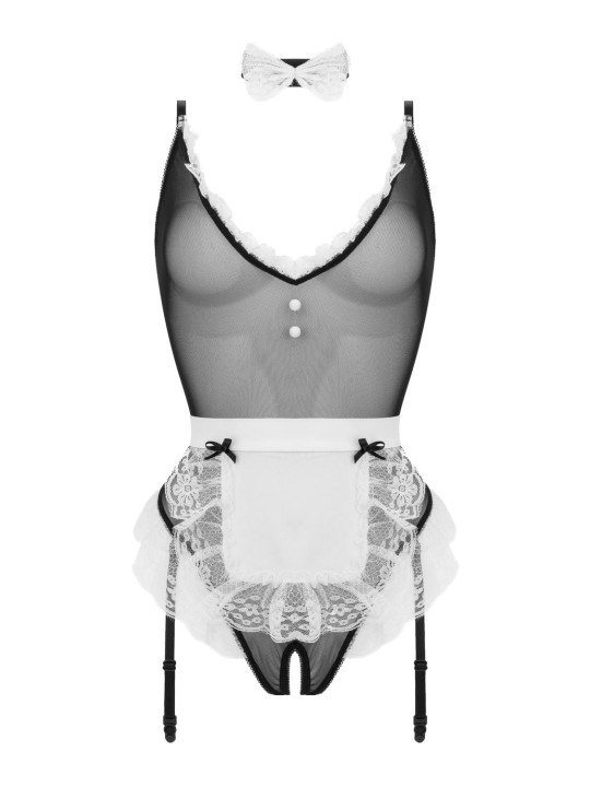 Christine - Maid Open Kruis Kostuum - Zwart/Wit
