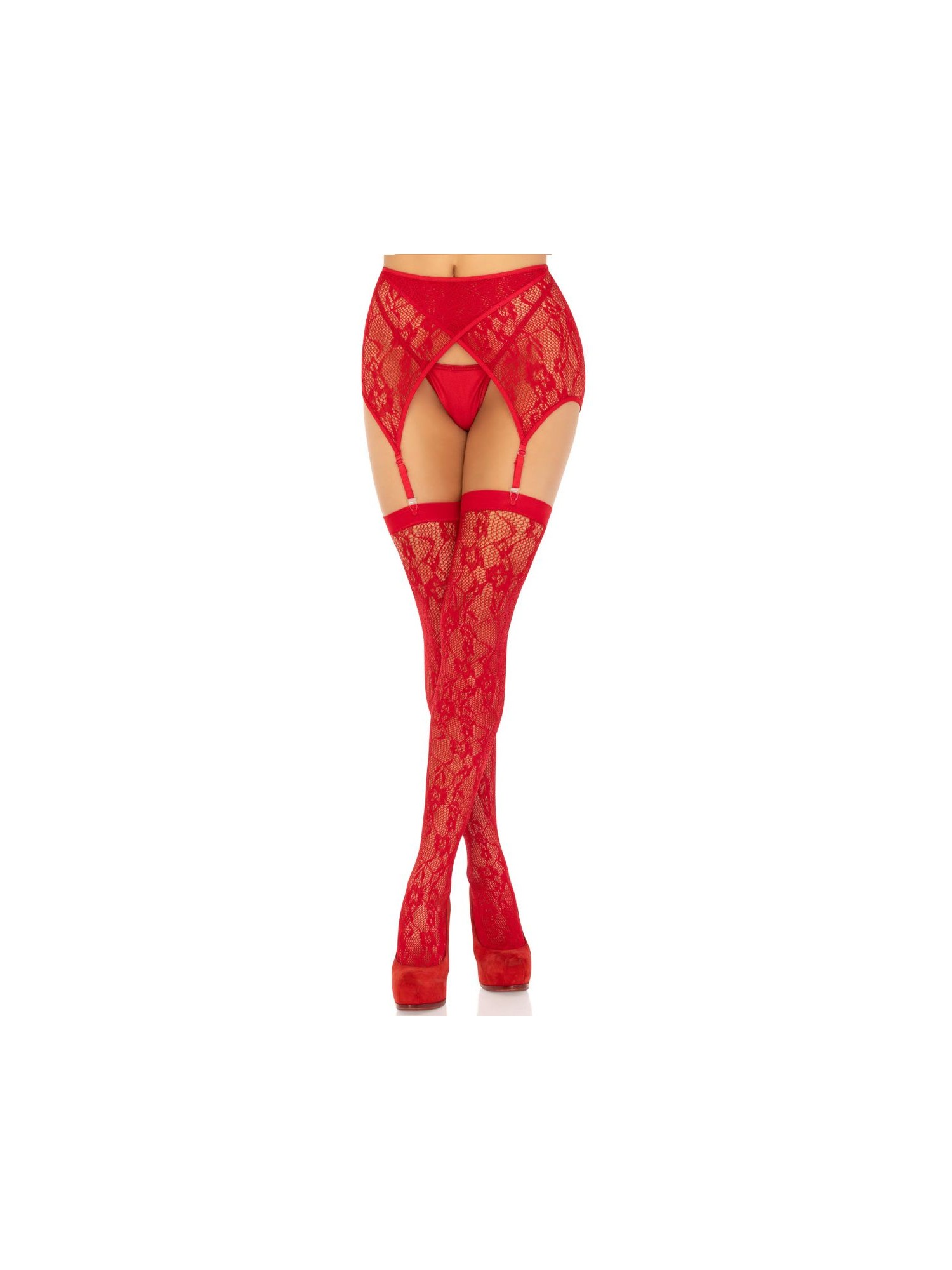 Leg Avenue - Lace Thigh Highs Garter Belt - Red