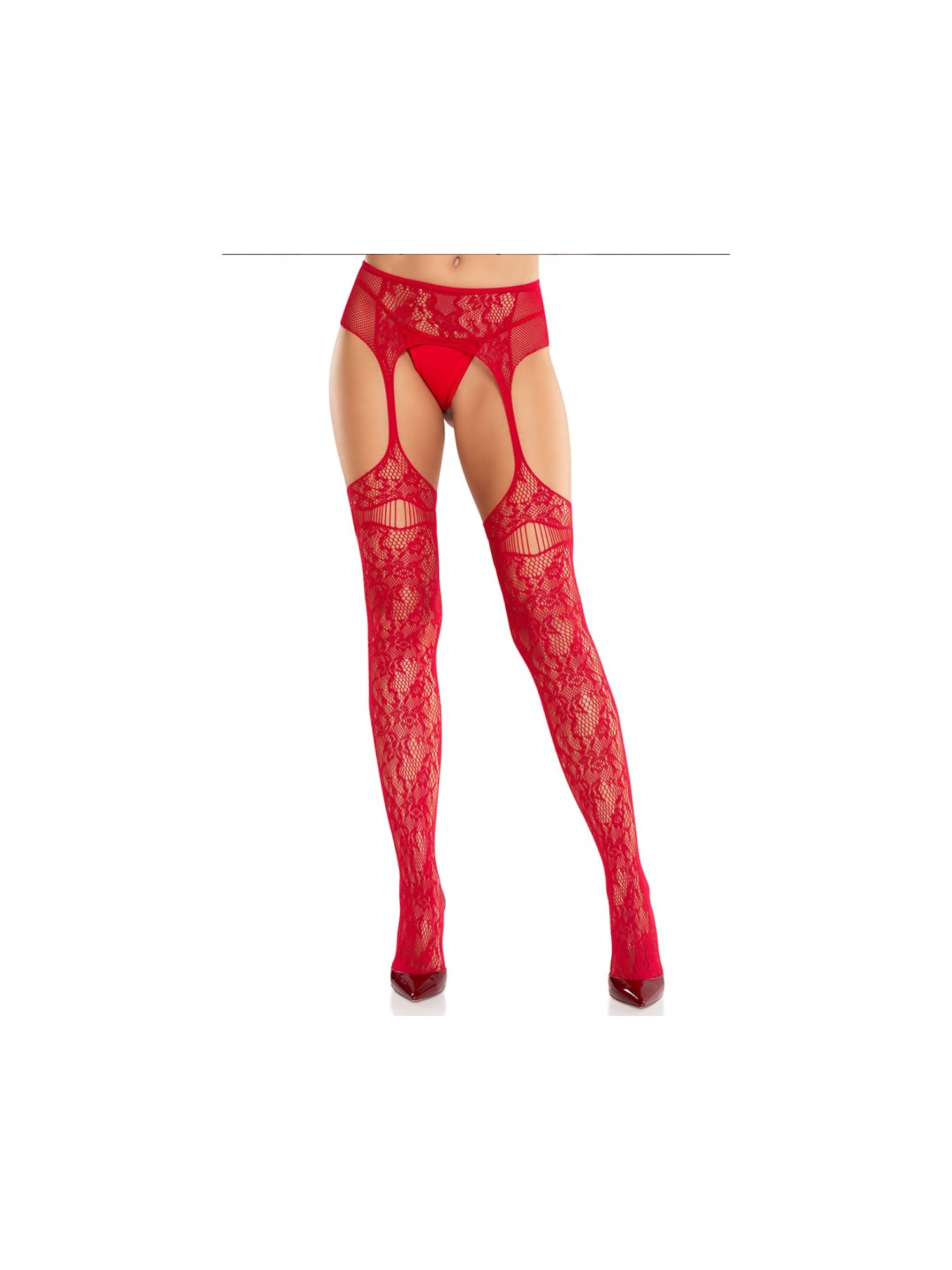 Leg Avenue - Net Stockings Garter Belt - Red