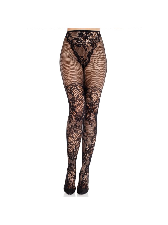 Leg Avenue - Dahlia Lace Tights Net Detail - Zwart