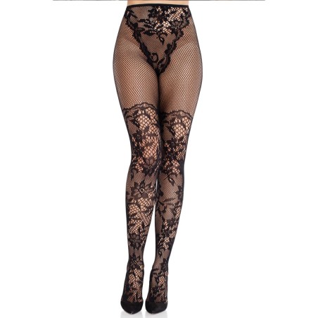 Leg Avenue - Dahlia Lace Tights Net Detail - Zwart