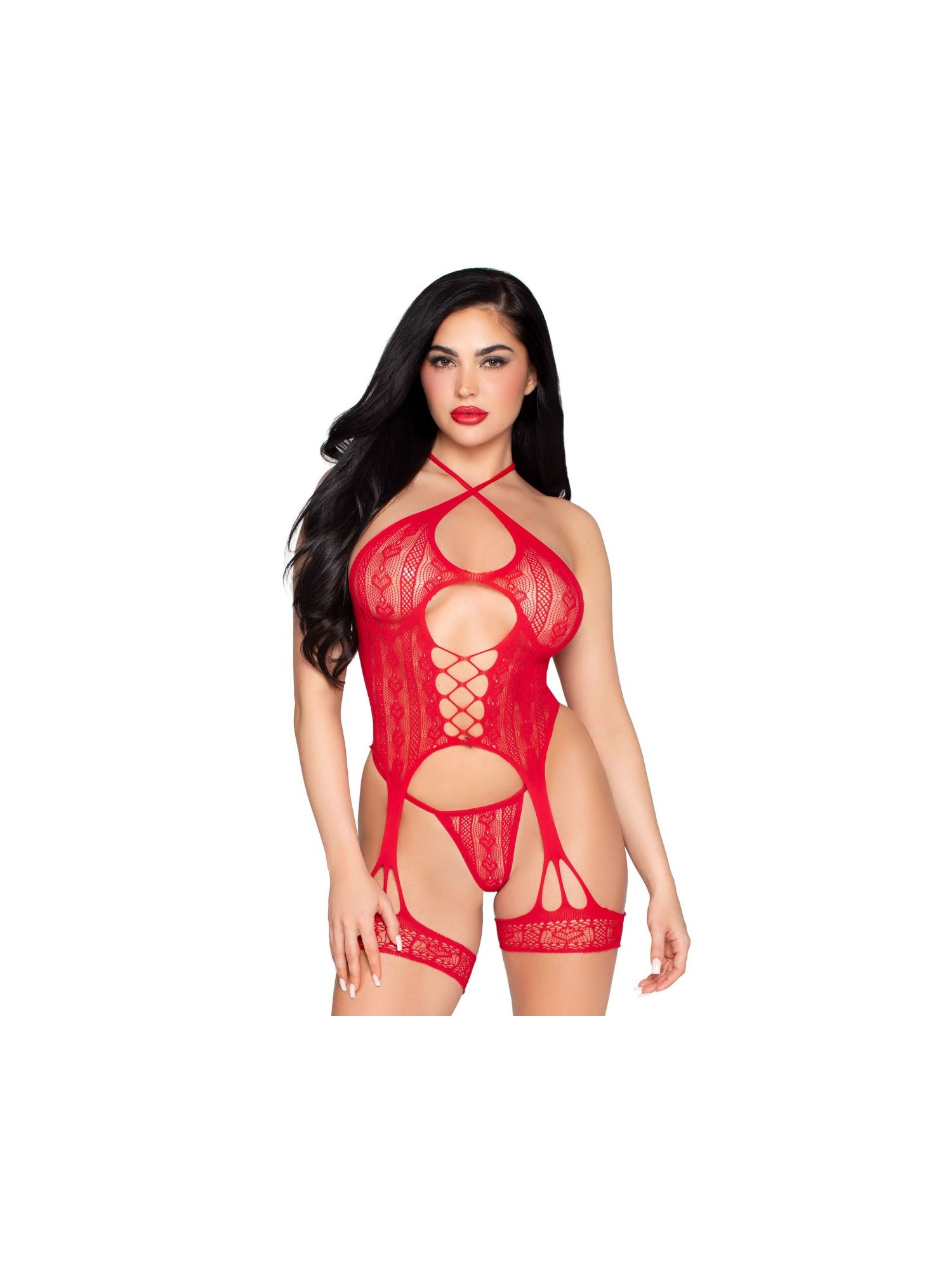 Leg Avenue – Heart Net Cami Garter & String – Red