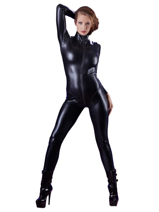 Wetlook Catsuit Met Lange Mouwen En Rits - Zwart