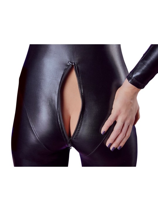 Wetlook Catsuit Met Lange Mouwen En Rits - Zwart