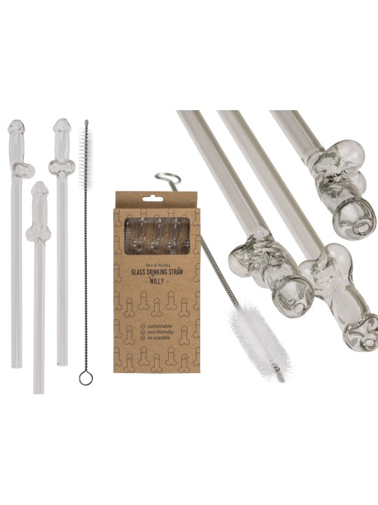 Glass Penis Straw with cleaning brush Willy - 4 pcs