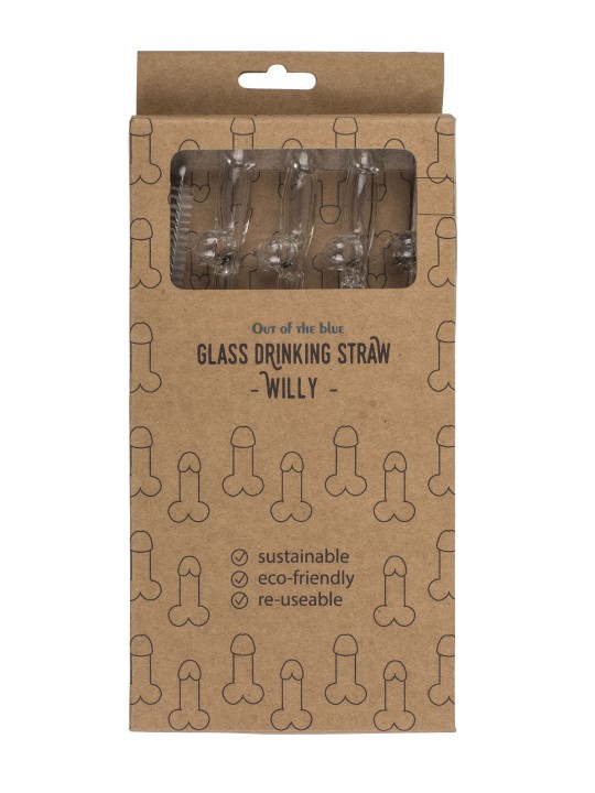 Glass Penis Straw with cleaning brush Willy - 4 pcs