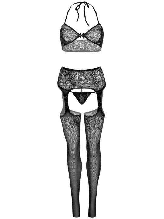 Bra Top, String and Stockings - Black
